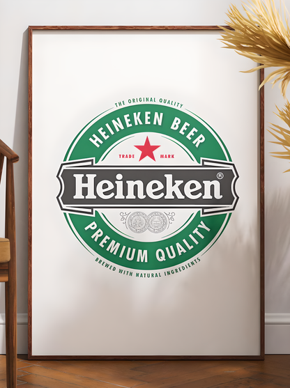 A sharp, bold art print featuring the iconic Heineken beer logo. The design prominently displays the vibrant green background, the distinct red star, and the crisp white 'Heineken' typography. This clean, graphic representation of the famous beverage brand is perfect for modern bar decor, a stylish man cave, pub wall art, or a contemporary kitchen. It's an ideal digital print gift for any Heineken enthusiast or collector of iconic beer branding, adding a sleek touch to any space.