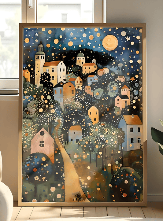 Gustav Klimt Print Village Night Poster, Moon & Stars Tree Art, Premium Matte Paper, Klimt Exhibition Wall Decor, Fine Art Print