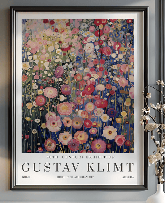 A promotional poster for an art exhibition features a vibrant and highly detailed painting of a dense field of flowers, rendered in the distinctive style of Gustav Klimt. The artwork, which dominates the upper portion of the poster, is a tapestry of various blossoms in shades of pink, red, white, yellow, and purple, set against a backdrop of deep blues and greens that suggest a distant landscape or sky.