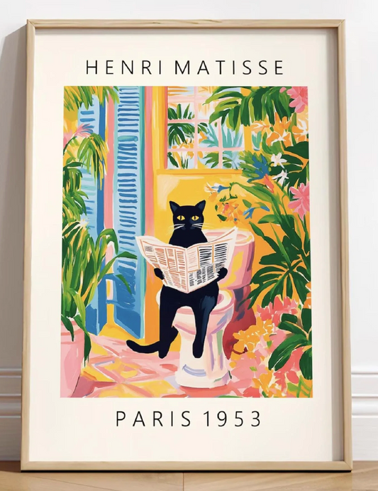 Black Cat on Toilet Poster, Matisse Inspired Bathroom Art, Funny Pet Print, Quirky Wall Decor, Pink Tropical Decor, Humorous Gift