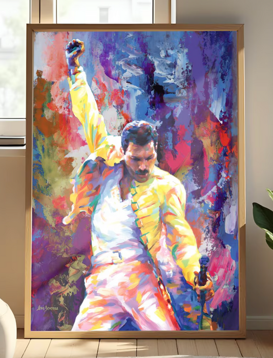 A vibrant physical poster print of Freddie Mercury in a dynamic, impressionistic style, perfect for Queen fans, music lovers, or unique wall art decor