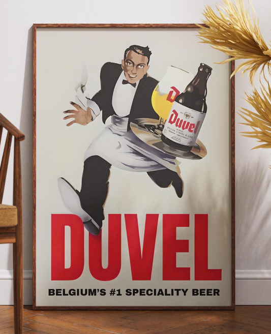 A cinematic style illustration features a cheerful waiter presenting a glass of Duvel Belgian beer on a tray. The retro-inspired artwork captures the inviting atmosphere of a classic bar or restaurant. The waiter is smiling warmly, and the Duvel glass is prominently displayed. This unique print is perfect for bar decor, pub wall art, a sophisticated kitchen, or as a distinctive gift for beer enthusiasts and collectors of vintage beverage illustrations, adding charm to any space.