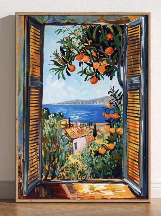 An impressionistic painting capturing a vibrant coastal view through an open window with orange louvered shutters. An orange tree laden with ripe fruit and lush green leaves frames the top right of the window. Beyond the window, a brilliant blue sea stretches to the horizon, meeting a distant coastline with buildings. In the midground, a terracotta-roofed building is nestled among vibrant green and yellow foliage. The brushstrokes are loose and expressive creating a dynamic and bright atmosphere