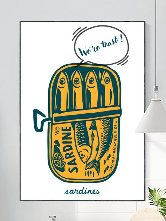 Tinned Sardines Poster Art Print, Navy Blue Retro Wall Art, Kitchen Aesthetic Decor, Trendy Sardine, Coastal Printable Art, "We're Toast"