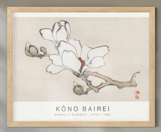 Kōno Bairei Magnolia Art Print – Japanese Sumi-e Botanical Wall Decor, Vintage Asian Zen Ink Painting Poster