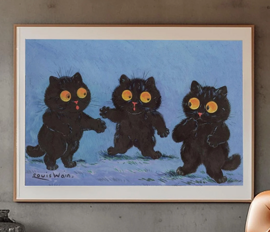 Louis Wain Cat Print Black Cat Poster, Whimsical Vintage Feline Art, Retro Surreal Cat Wall Decor, Boho Psychedelic Cat Art