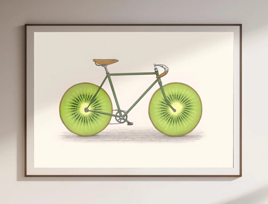 Fruit Bike Poster Funny Kiwi Art, Quirky Kitchen Wall Decor, Whimsical Cycling Gift, Vegan Cyclist Print