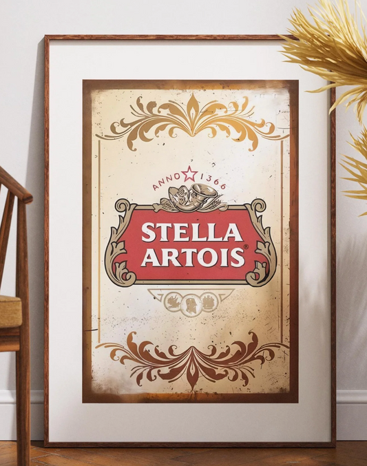 Vintage Stella Artois Print - Classic Belgian Beer Advert Poster, Retro Bar Decor, Pub Wall Art, Ornate Design, Perfect Beer Lover Gift