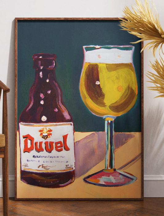 Duvel Art Print - Modern Belgian Beer Poster & Craft Beer Wall Art, Pop Art Duvel Bottle and Glass, Unique Bar Cart Decor Gift