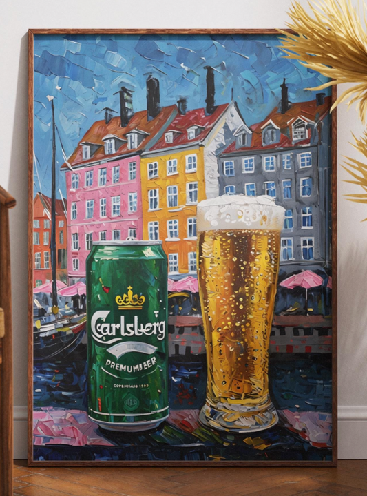 Carlsberg Beer Lover Gift Poster, Copenhagen Wall Art, Denmark Bar Decor, Unique Beer Painting for Man Cave or Dining Room