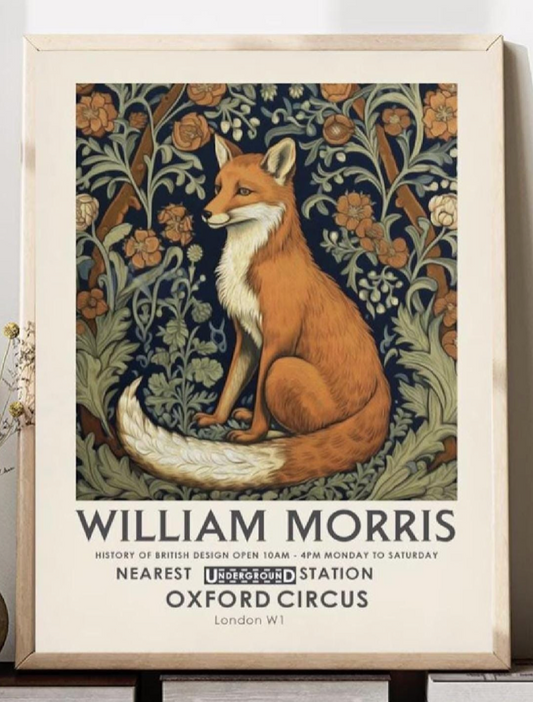 Vintage William Morris Fox Print - Botanical & Woodland Animal Art Wall Decor, Rustic Nature Illustration