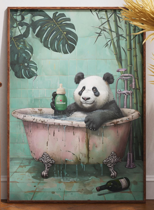 Panda Bathroom Wall Art - Funny Animal Poster with Heineken Print, Panda in Bathtub, Botanical Animal Bathroom Decor