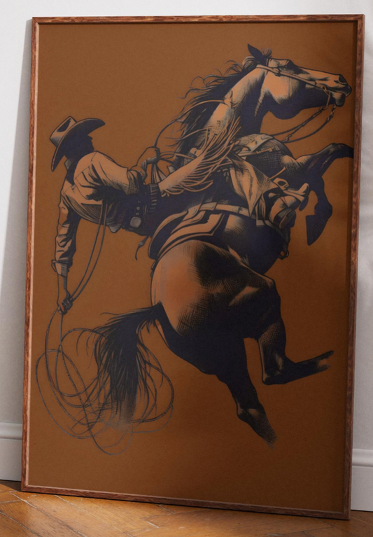 Cowboy Illustration Vintage Western Poster Print, Southwestern Rodeo Wall Art, Modern Cowboy Decor for Room & Apparel