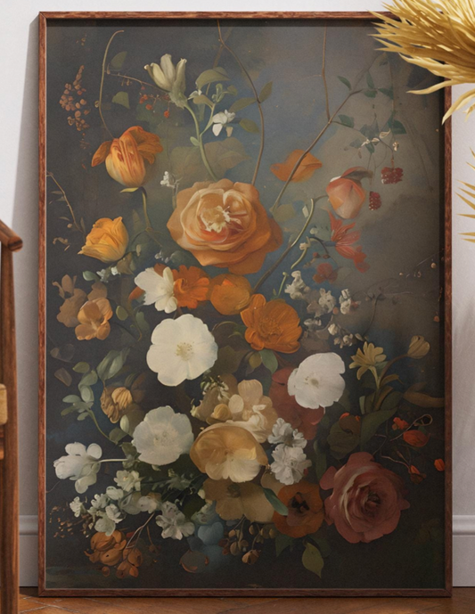 Vintage Fall Floral Print - Moody Dark Autumn Flower Painting, Thanksgiving Wall Art, Botanical Fall Decor Poster