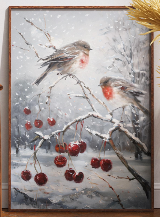 Vintage Robins and Berries Print Winter Birds Painting Snowy Landscape Christmas Art Xmas Festive Poster Decor