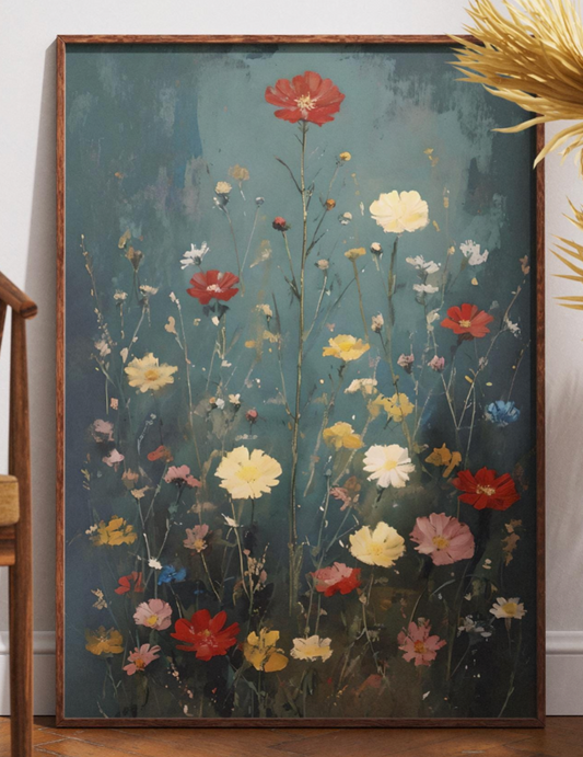Wildflower Field Wall Art, Vintage Botanical Landscape Sign, Floral Decor for Modern Farmhouse, Field of Flowers Poster Print