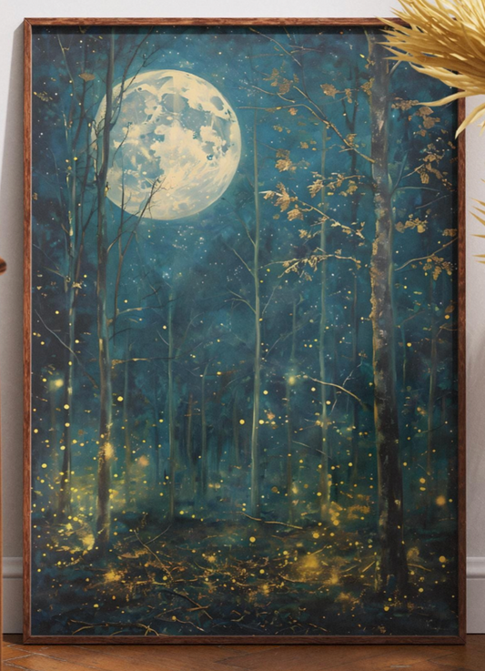 Moon & Stars Wall Art Vintage Dark Forest Landscape Night Sky Poster Mystical Midnight Nature Decor Farmhouse Printable