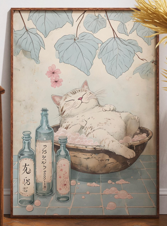 Tabby Cat in Bathtub Japanese Bathroom Decor Art Print, Aesthetic Neutral Minimalist Wall Art Poster, Japan Style Home Decor