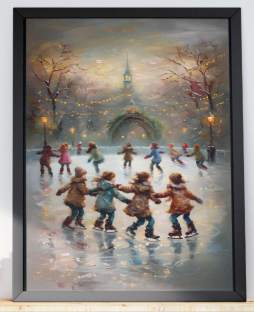 Winter Skating Print for Kids Room, Cozy Holiday Wall Art, Vintage Winter Scene, Boho Family Christmas Decor