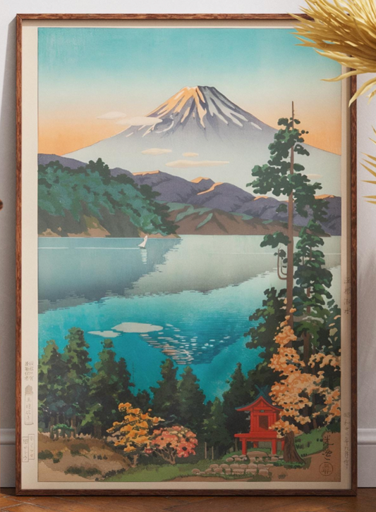 Mount Fuji Woodblock Print Ukiyo-e Art | Serene Japanese Lake Landscape | Traditional Asian Wall Decor Gift by Tsuchiya Koitsu