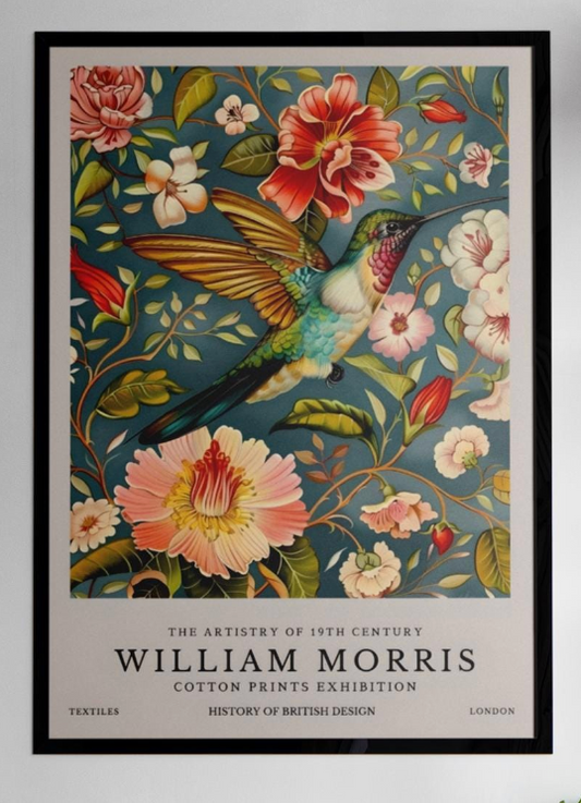 William Morris Hummingbird Print, Art Nouveau Poster, Vintage Textiles Art, Exhibition Wall Decor, Botanical Bird Nature Gift