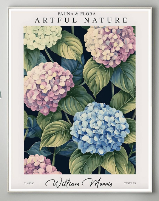 William Morris Hydrangea Print | Art Nouveau Vintage Poster | Arts & Crafts Floral Wall Art | Textile Home Decor | Exhibition Style Print