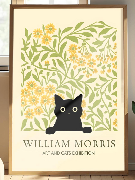 William Morris Cat Print, Vintage Black Cat Poster, Arts and Crafts Decor, Cat Lover Gift, Floral Wall Art, Retro Art Print, Print Textiles