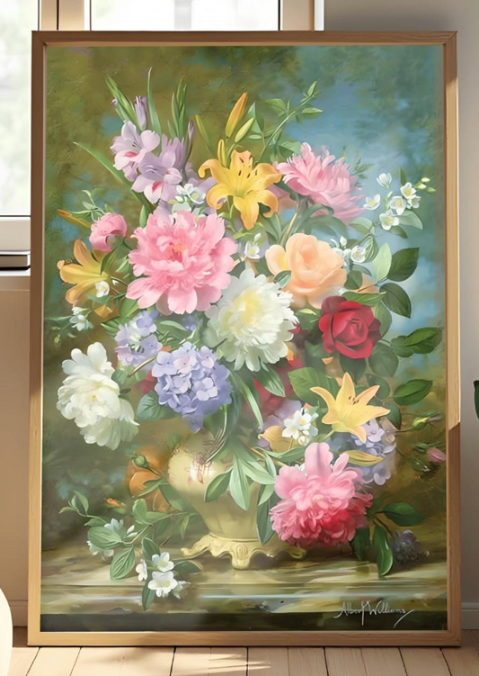 Fine Art Print, Peonies and Mixed Flowers by Albert Williams, Classical Floral Still Life, Vibrant Botanical Poster, Romantic Wall Decor