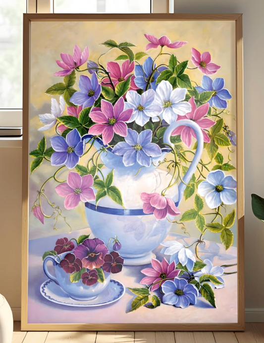 Vibrant Floral Still Life Print, Clematis and Pansies Art, Classical Flower Painting, Shabby Chic Wall Decor, Cottagecore Botanical Poster