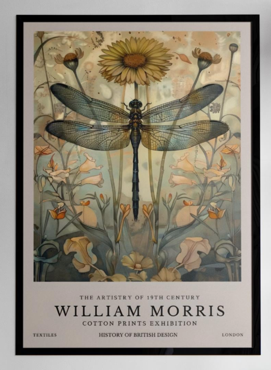 William Morris Dragonfly Print, Art Nouveau Poster, Vintage Textiles Art, Exhibition Print, Botanical Wall Decor, Unframed Nature Art