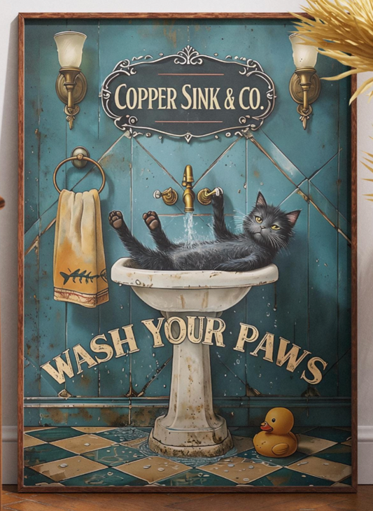 Black Cat Wash Your Paws Poster, Funny Bathroom Wall Art, Vintage Restroom Decor, Animal Print Home Decor, Toilet Humour Gift