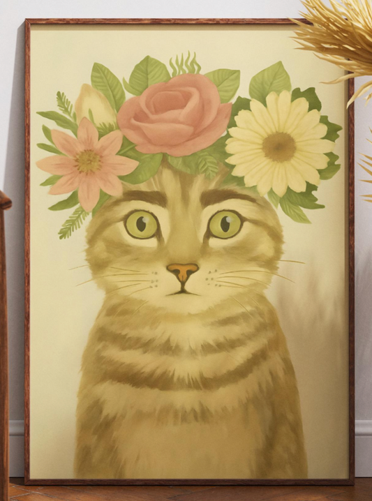 Frida Kahlo Cat Art  Poster, Frida With Roses Print, Mexican Art, Modern Pink Wall Decor, Feminist Art Gift, Unframed Museum Quality