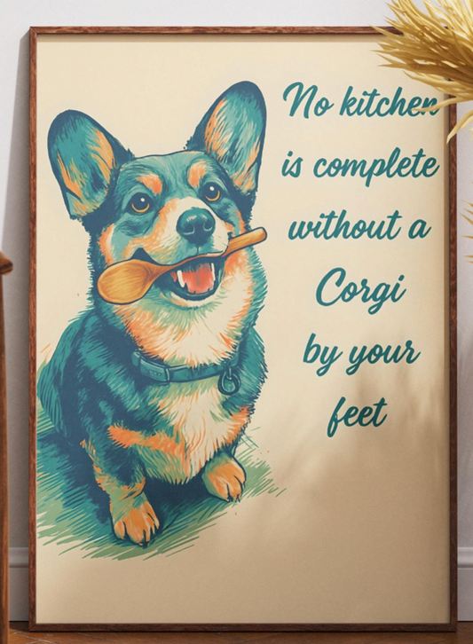 No Kitchen Is Complete Without a Corgi Print, Funny Dog Kitchen Art, Corgi Wall Decor, Pet Lover Gift, Humorous Canine Poster
