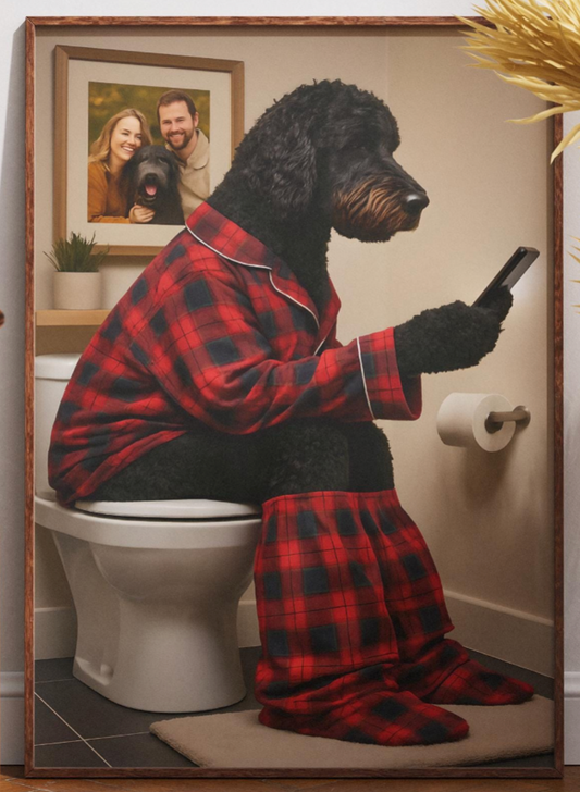 Black Golden Doodle Bathroom Wall Art - Funny Dog on Toilet Print, Animal Loo Sign, Poodle Ensuite Gift, Tartan Pyjamas Phone Quote Decor
