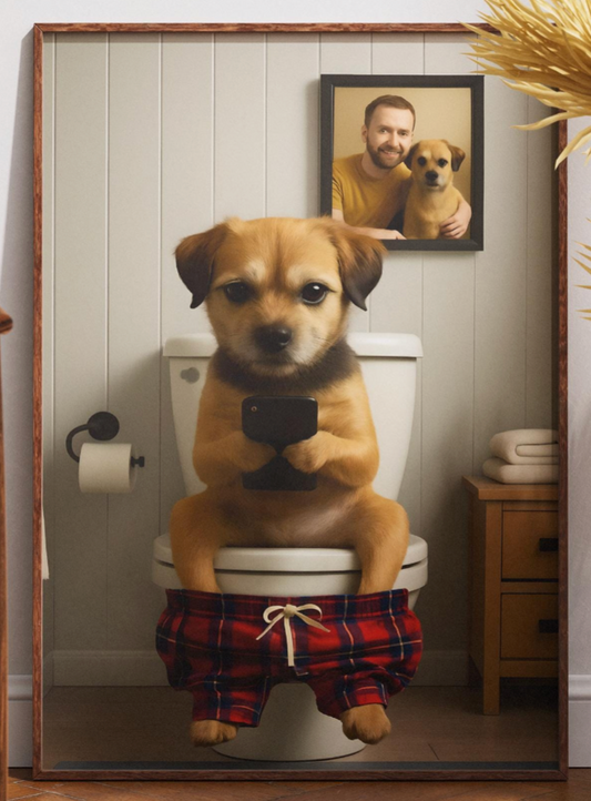 Border Terrier On Toilet Print, Funny Dog Bathroom Art, Humorous Pet Loo Decor, Dog Texting Phone, Terrier Lover Gift, Animal Wall Art