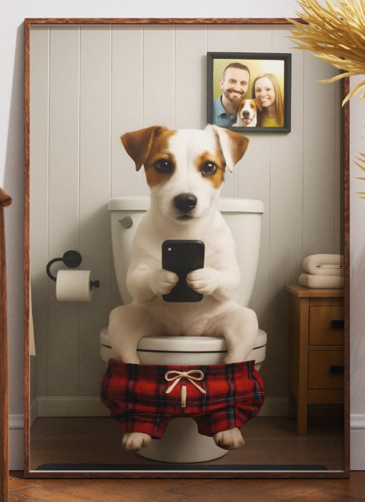 Border Terrier Toilet Art Funny Bathroom Print Dog on Phone Gift for Terrier Lovers Animal Loo Decor