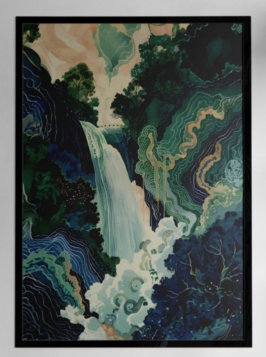 Ukiyo-e Poster Hokusai Japanese Waterfall Art Print, Blue Green Wall Decor, Japanese Home Print