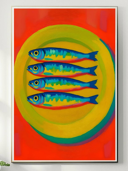 Sardine Oil Poster– Funky Fish Wall Art, Dopamine fish Decor, Oyster & Fisherman Aesthetic Print, Trendy Bathroom Prints, Fish Wall Art