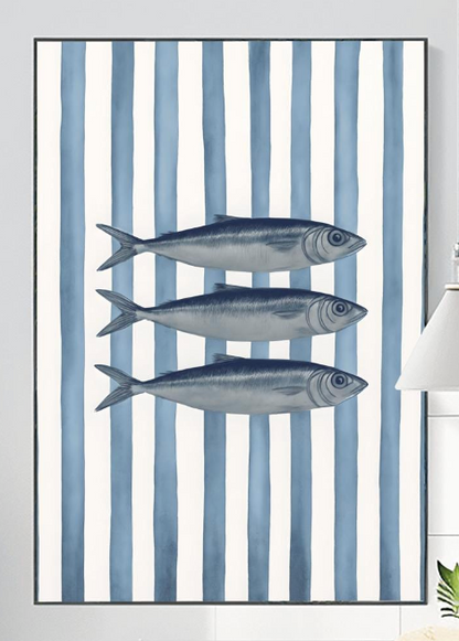 Sardines Print Art, Nautical Decor, Coastal Home Decor, Fish Art Print, Blue Stripes Poster Print, Beach House Painting
