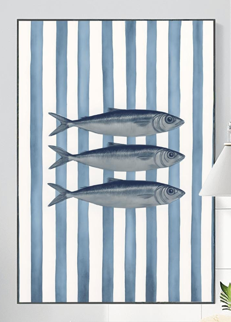 Sardines Print Art, Nautical Decor, Coastal Home Decor, Fish Art Print, Blue Stripes Poster Print, Beach House Painting