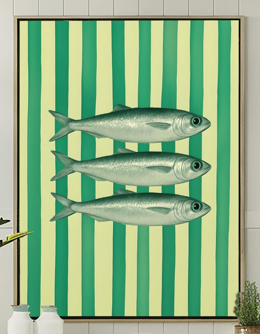 Sardines Print Art for Coastal Home Decor, Nautical Fish Wall Art, Beach House Blue Stripes Poster, Funky Fisherman Aesthetic