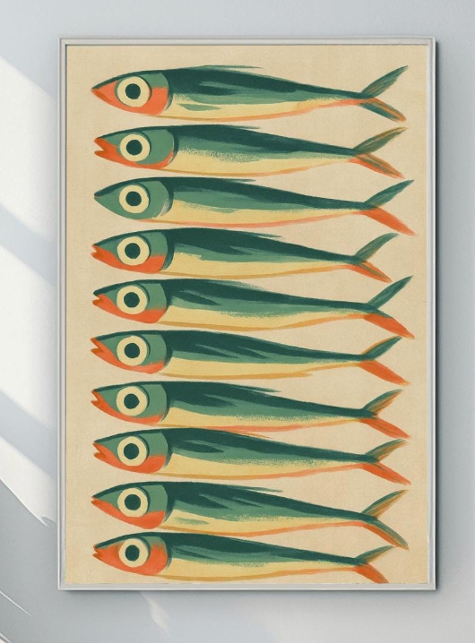 Sardine Painting Art Print - Antique Fish Wall Decor, Vintage Sea Life, Coastal Home & Restaurant Nautical Artwork