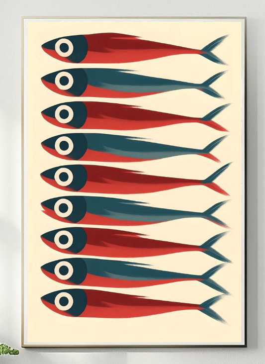 Sardine Painting Art Antique Fish Print Coastal Wall Decor for Beach House or Restaurant, Vintage Sea Life Artwork