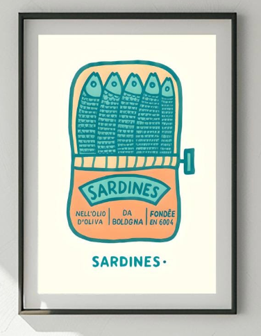 Sardines Hand Drawn Tin Art Print, Retro Food Decor, Vintage Fish Wall Art, Coastal Kitchen Trend, Mediterranean Retro Decor