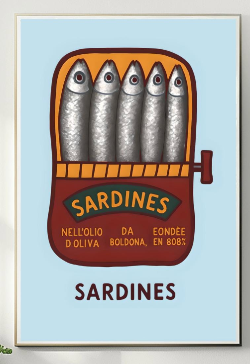 Sardines Hand Drawn Art Print, Retro Tinned Fish Wall Decor, Trendy Seafood Art for Modern Kitchen or Coastal Gallery