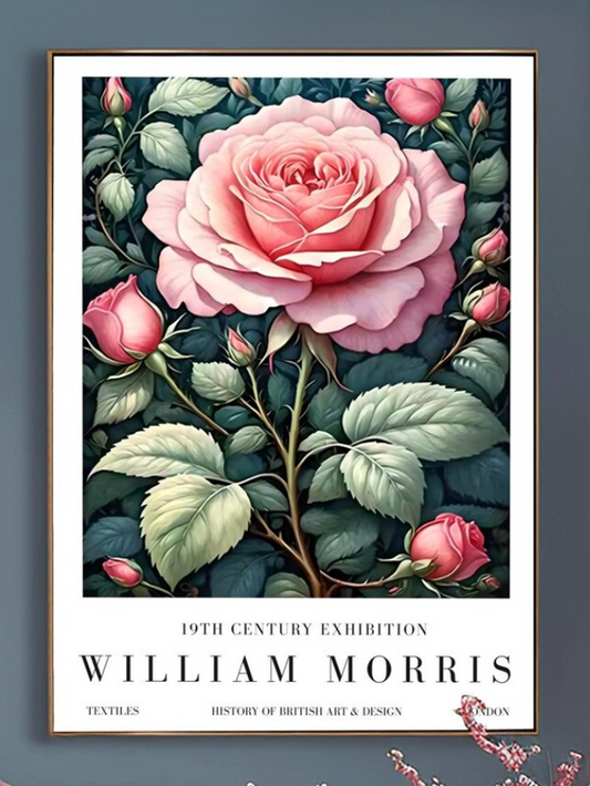 William Morris Exhibition Poster, Pink Rose Print, Arts and Crafts, 19th Century