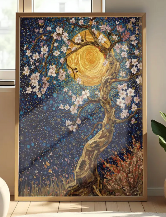 Gustav Klimt Inspired Cherry Blossom Sun Poster Mystical Night Tree