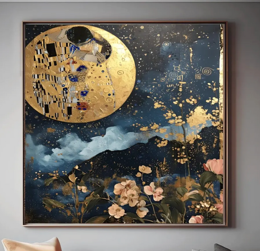 Gustav Klimt Kiss the Moon Inspired Wall Art | Romantic Golden Night Sky Poster | Celestial Lovers Print on Canvas or Fine Art Paper