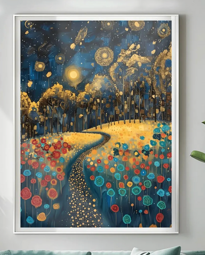 Gustav Klimt Inspiration Exhibition Poster, Starry Night Field, Art Nouveau, Celestial Landscape