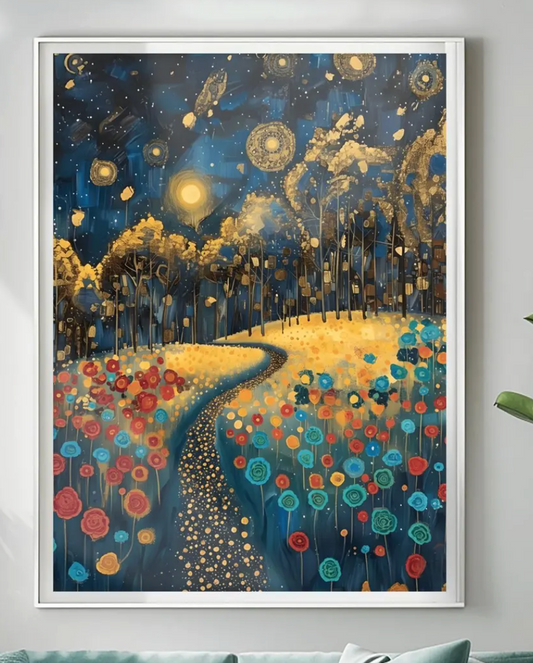 Gustav Klimt Inspiration Exhibition Poster, Starry Night Field, Art Nouveau, Celestial Landscape
